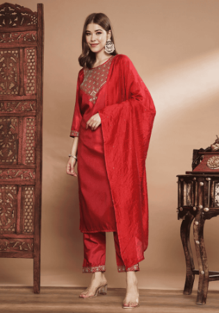 Picture of Magnificent Silk Fire Brick Straight Cut Salwar Kameez