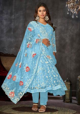 Picture of Stunning Net Light Steel Blue Anarkali Salwar Kameez