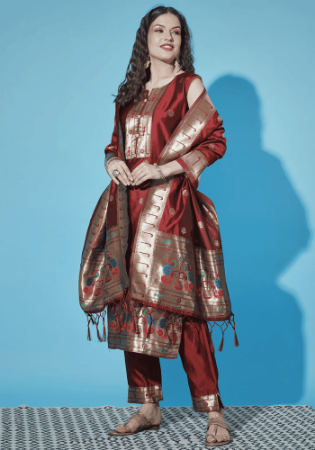 Picture of Cotton & Silk Maroon Readymade Salwar Kameez