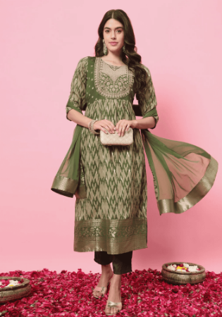Picture of Cotton & Silk Olive Drab Readymade Salwar Kameez
