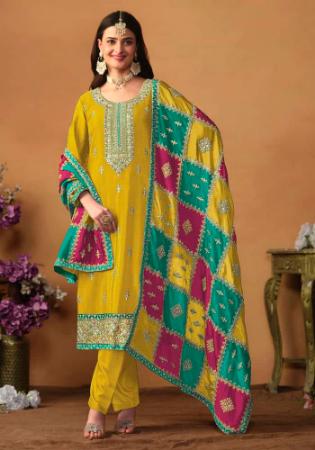 Picture of Chiffon & Silk Golden Rod Straight Cut Salwar Kameez