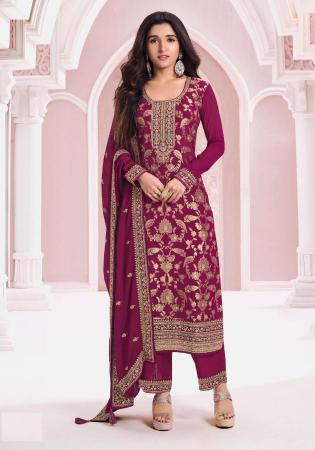 Picture of Chiffon Fire Brick Straight Cut Salwar Kameez