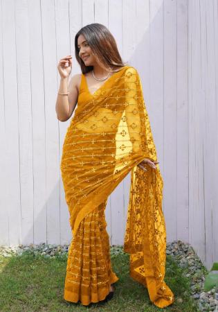 Picture of Pretty Net Dark Golden Rod Saree