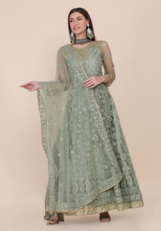 Picture of Net Dark Sea Green Straight Cut Salwar Kameez
