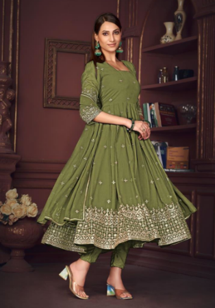 Picture of Georgette Dark Olive Green Anarkali Salwar Kameez