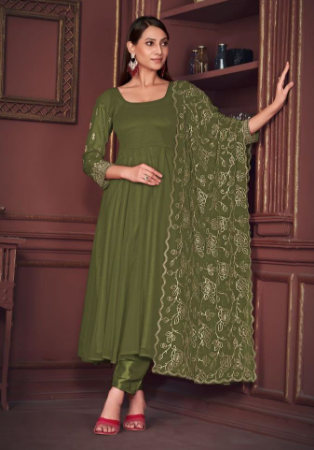Picture of Georgette Dark Olive Green Anarkali Salwar Kameez
