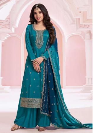 Picture of Fascinating Chiffon Dark Cyan Straight Cut Salwar Kameez