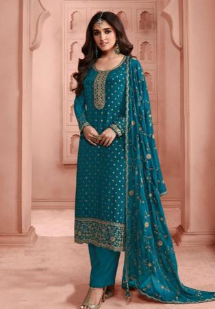 Picture of Lovely Silk Teal Straight Cut Salwar Kameez