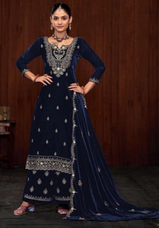 Picture of Ideal Chiffon Navy Blue Straight Cut Salwar Kameez