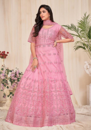 Picture of Well Formed Net Light Pink Anarkali Salwar Kameez