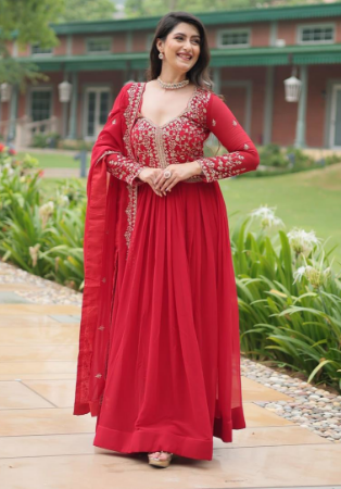 Picture of Elegant Georgette Fire Brick Readymade Gown