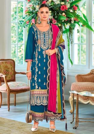 Picture of Delightful Chiffon Teal Straight Cut Salwar Kameez