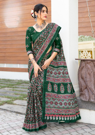 Picture of Excellent Cotton Forest Green Saree