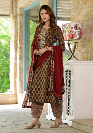 Picture of Cotton & Silk Saddle Brown Readymade Salwar Kameez