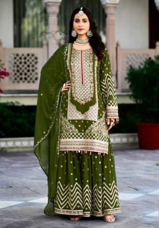 Picture of Georgette & Silk Dark Green Readymade Salwar Kameez