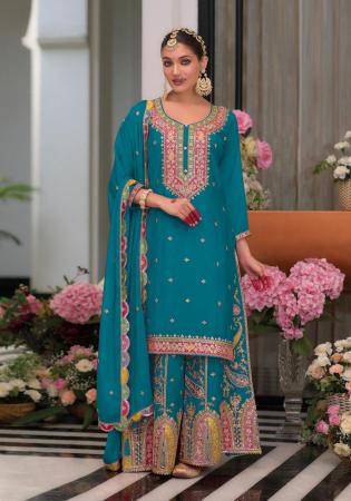 Picture of Gorgeous Chiffon Sea Green Straight Cut Salwar Kameez