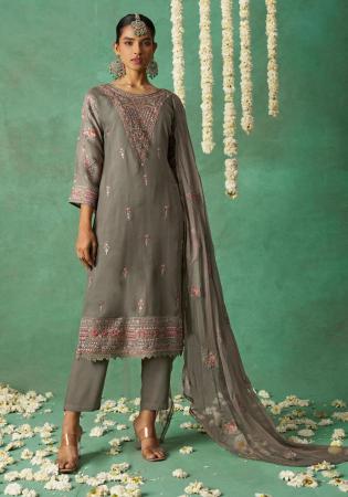 Picture of Pretty Organza Dark Grey Straight Cut Salwar Kameez