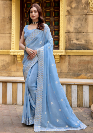 Picture of Statuesque Chiffon & Silk Light Steel Blue Saree
