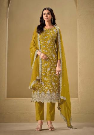 Picture of Chiffon Dark Golden Rod Straight Cut Salwar Kameez