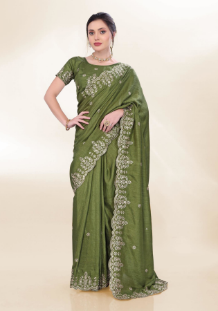 Picture of Beautiful Silk Dark Olive Green Saree