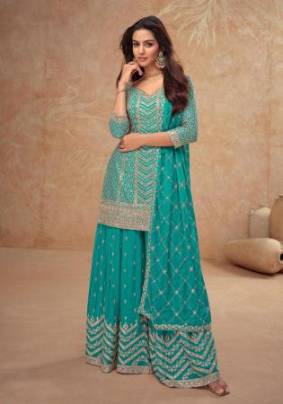 Picture of Amazing Chiffon Teal Straight Cut Salwar Kameez