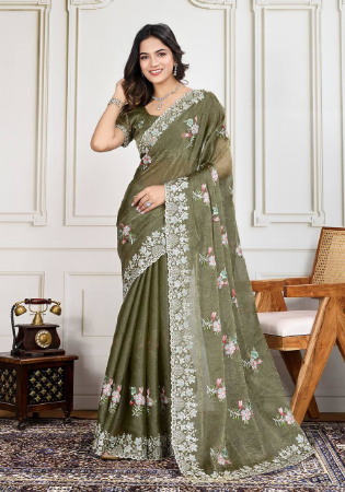 Picture of Well Formed Silk Dark Olive Green Saree