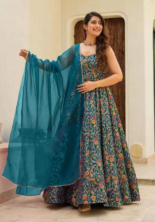 Picture of Appealing Silk & Organza Sea Green Readymade Gown