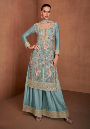 Picture of Chiffon Slate Blue Straight Cut Salwar Kameez