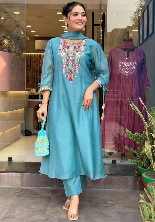 Picture of Exquisite Silk Sky Blue Readymade Salwar Kameez