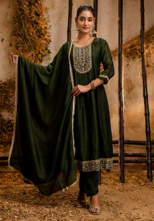 Picture of Pleasing Silk Dark Green Readymade Salwar Kameez