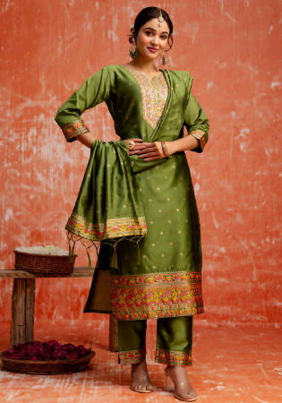Picture of Good Looking Silk Olive Drab Readymade Salwar Kameez