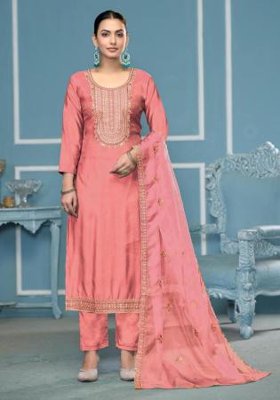 Picture of Cotton Dark Salmon Straight Cut Salwar Kameez
