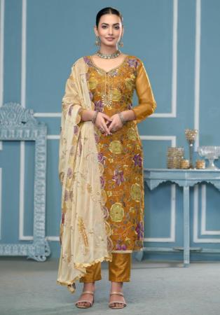 Picture of Organza Dark Olive Green Straight Cut Salwar Kameez