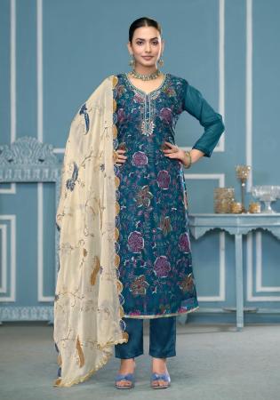 Picture of Organza Midnight Blue Straight Cut Salwar Kameez