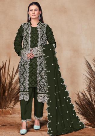 Picture of Georgette Dark Olive Green Straight Cut Salwar Kameez