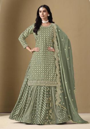 Picture of Silk Dark Olive Green Straight Cut Salwar Kameez