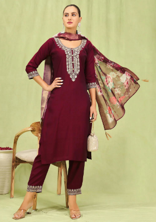 Picture of Rayon & Silk Maroon Readymade Salwar Kameez