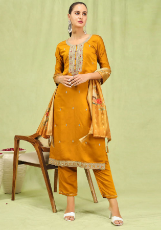 Picture of Rayon & Silk Dark Golden Rod Readymade Salwar Kameez