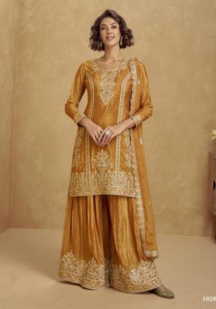Picture of Chiffon & Silk Golden Rod Straight Cut Salwar Kameez