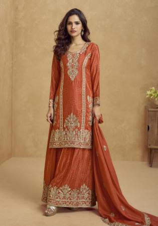 Picture of Chiffon & Silk Dark Red Straight Cut Salwar Kameez
