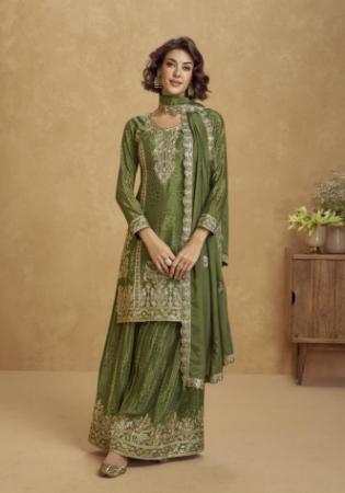 Picture of Chiffon & Silk Dark Olive Green Straight Cut Salwar Kameez