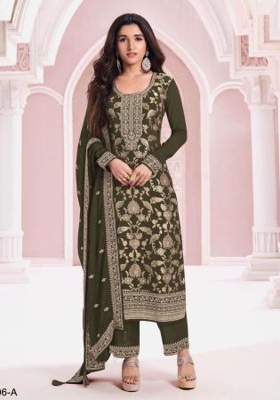 Picture of Chiffon Dark Olive Green Straight Cut Salwar Kameez