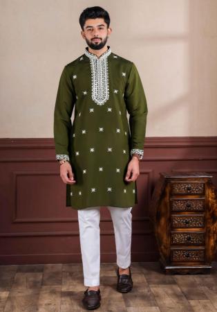 Picture of Good Looking Silk Dark Olive Green Kurtas
