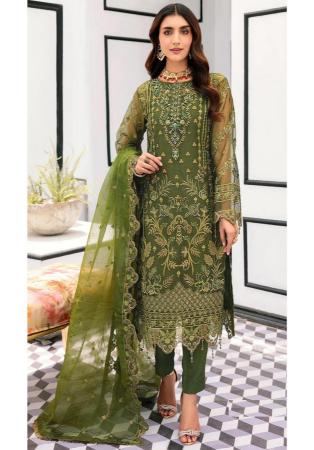 Picture of Organza Dark Olive Green Straight Cut Salwar Kameez