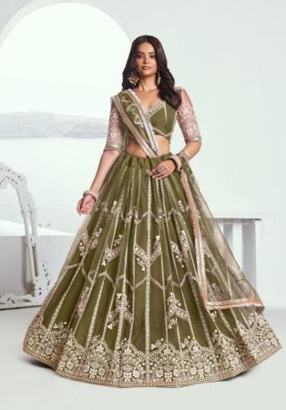Picture of Stunning Net Dark Olive Green Lehenga Choli