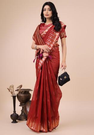 Picture of Excellent Cotton & Linen Dark Red Saree