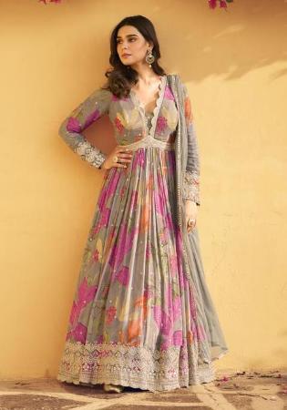 Picture of Chiffon & Silk Dim Gray Anarkali Salwar Kameez
