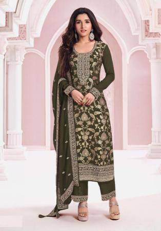 Picture of Chiffon Dark Olive Green Straight Cut Salwar Kameez