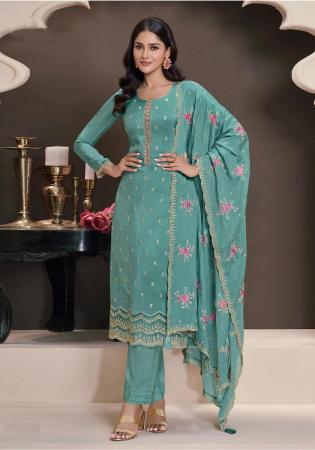 Picture of Sublime Silk Cadet Blue Straight Cut Salwar Kameez