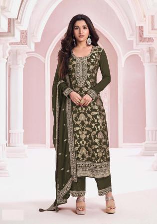 Picture of Chiffon Dark Olive Green Straight Cut Salwar Kameez